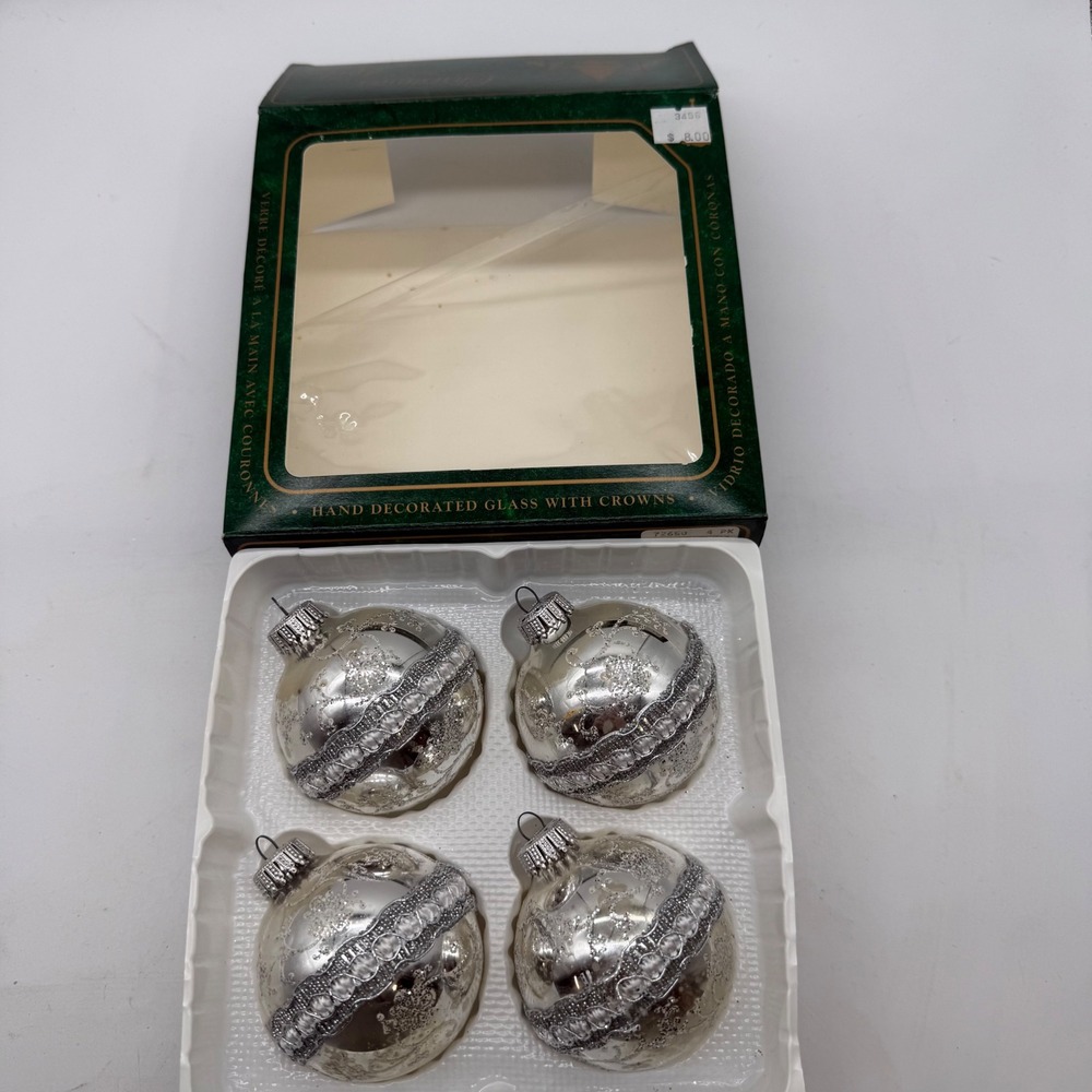 Vintage Silver Glass Christmas Ornaments Set of 4 with Box Victorian hand deco